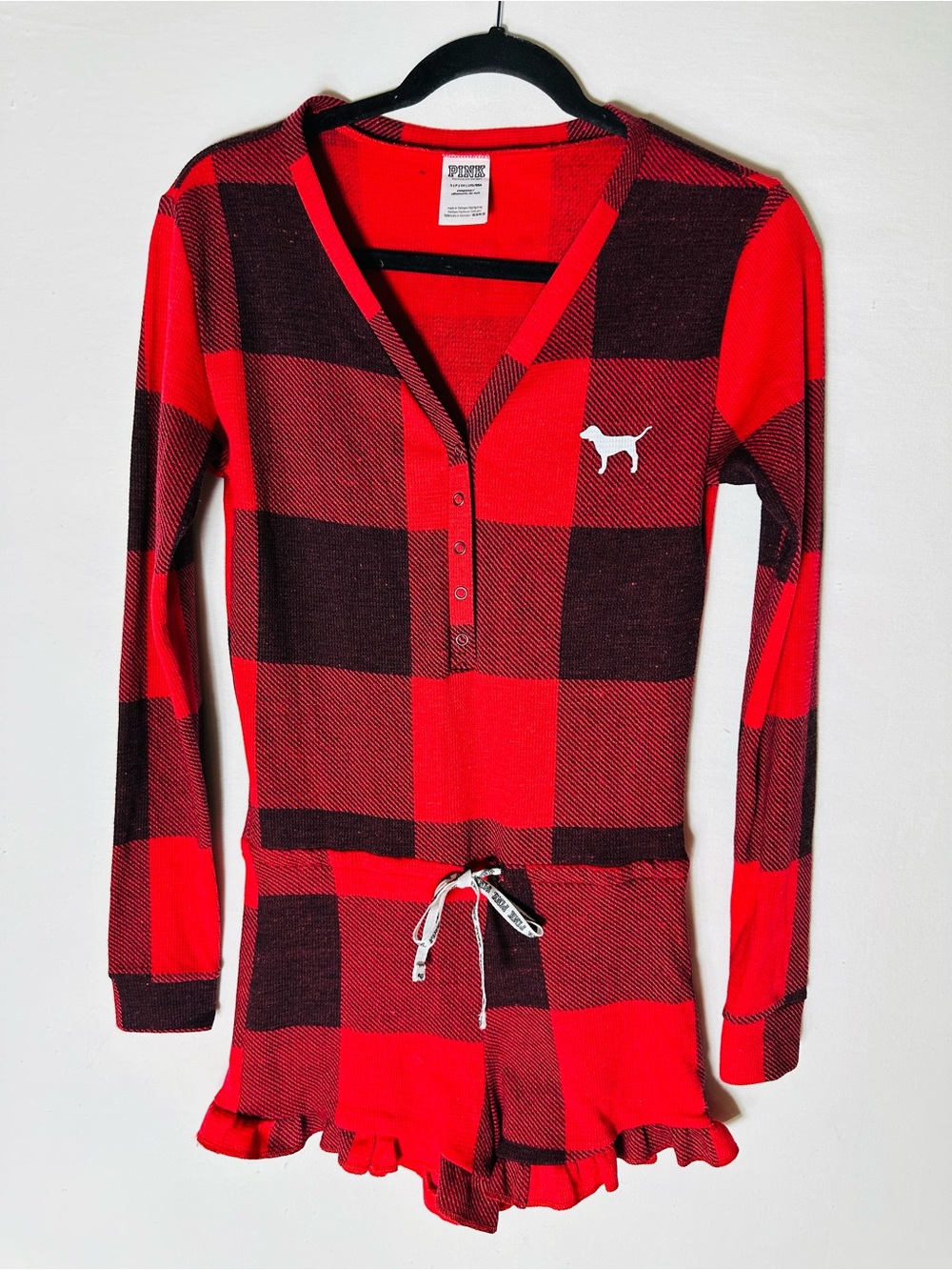 Vintage Y2K Victoria's Secret PINK Black Red Buffalo Check Plaid Romper S Waffle